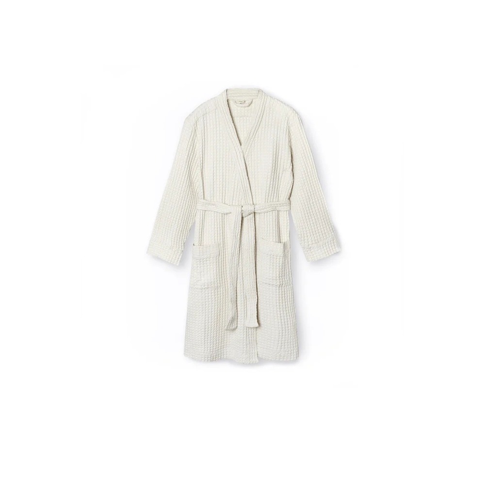 Goumi Mom Alabaster Waffle Robe M/L White Organic Cotton Maternity Mama tie belt